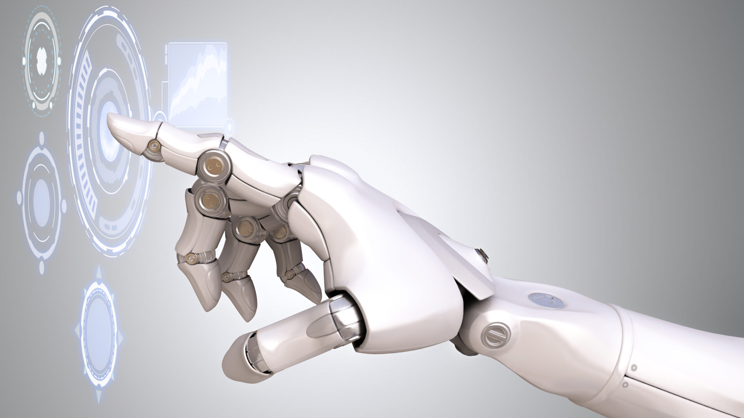 Robot's arm working with Virtual Reality touchscreen. 3D illustration